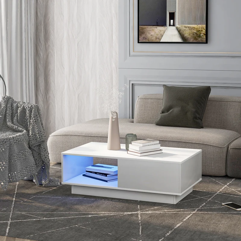Table basse moderne rectangulaire blanche avec lumière LED 95 x 55 x 32 cm SHOHLORS