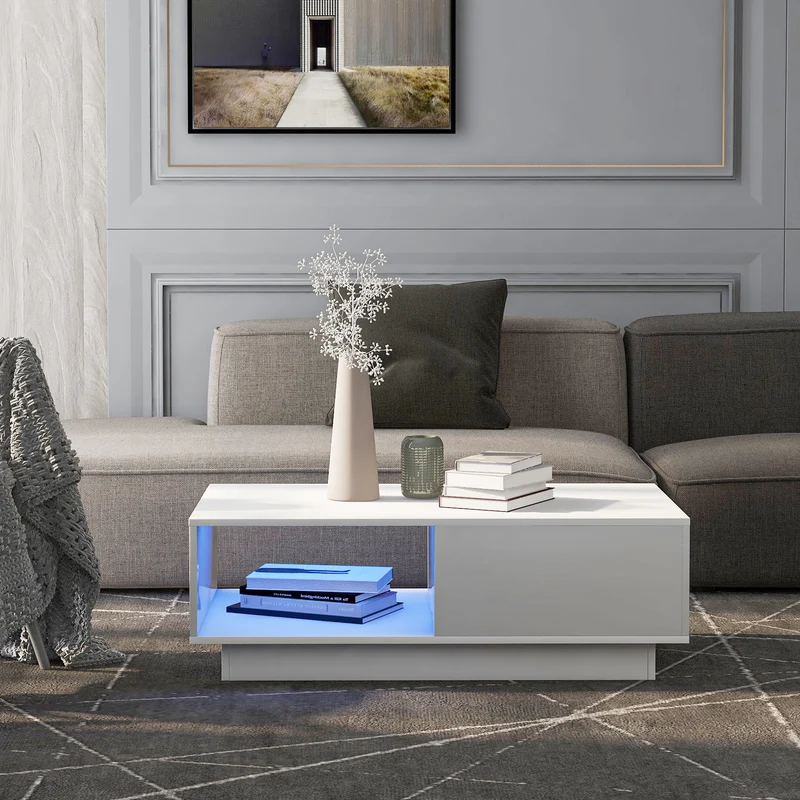 Table basse moderne rectangulaire blanche avec lumière LED 95 x 55 x 32 cm SHOHLORS