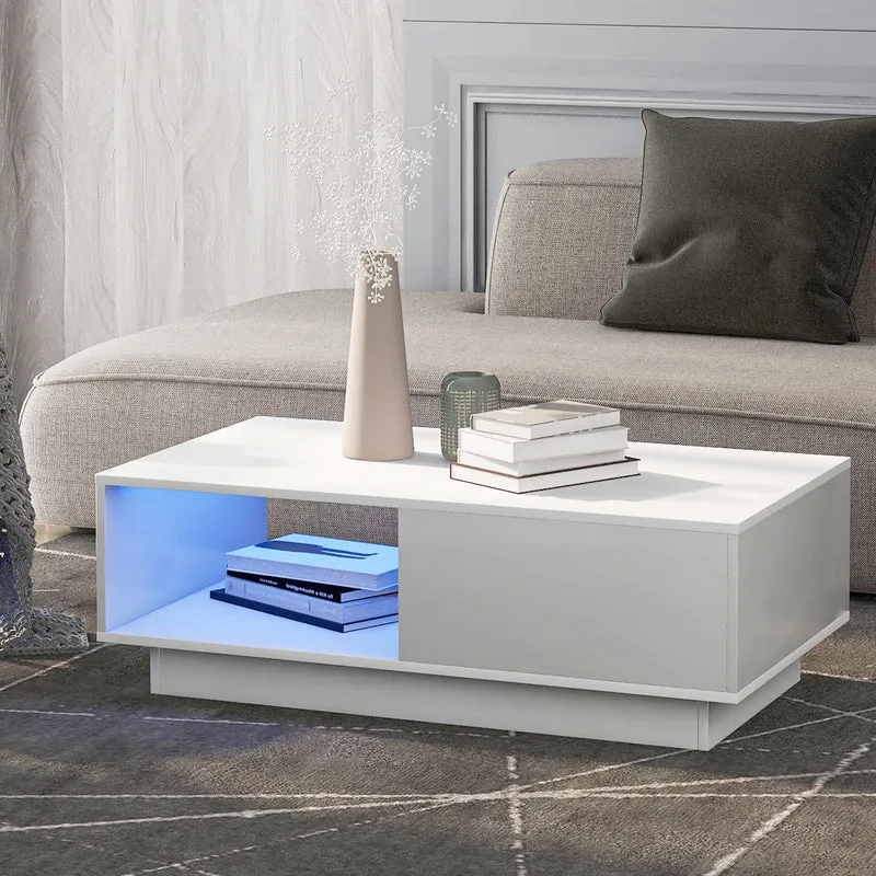 Table basse moderne rectangulaire blanche avec lumière LED 95 x 55 x 32 cm SHOHLORS