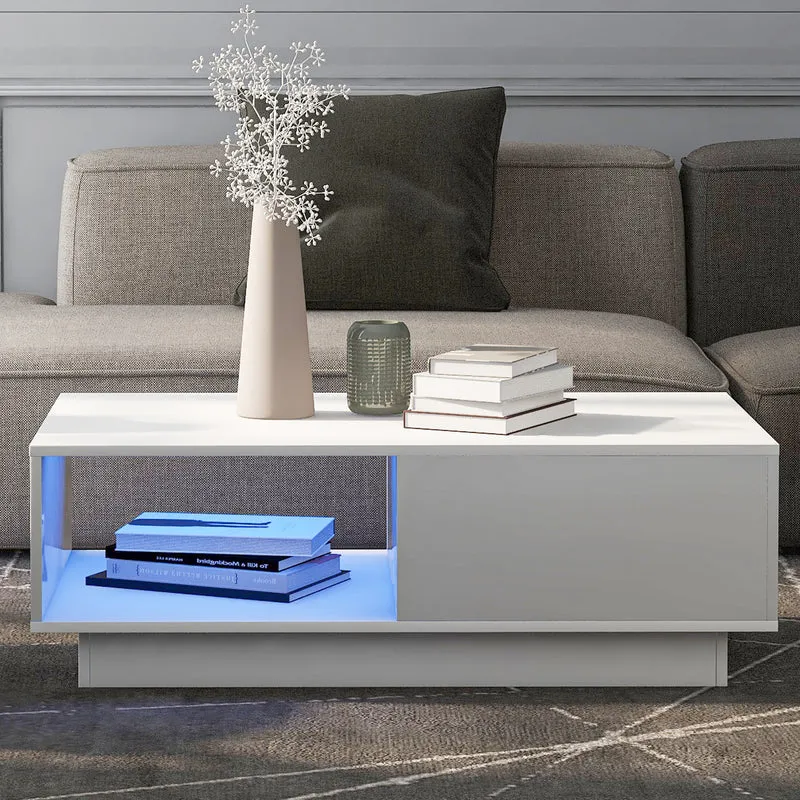 Table basse moderne rectangulaire blanche avec lumière LED 95 x 55 x 32 cm SHOHLORS