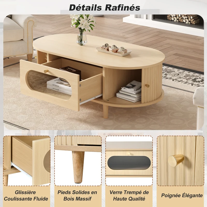 Table basse effet bois chêne 1 tiroir & portes coulissantes RIFTVALTHYNATH