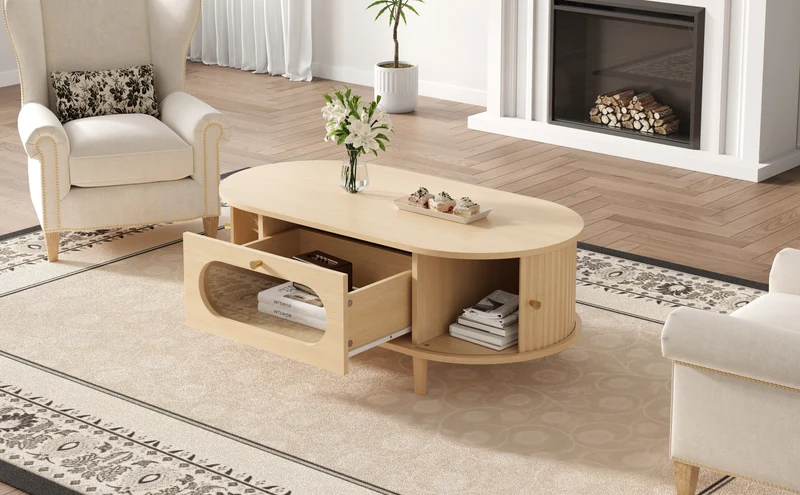 Table basse effet bois chêne 1 tiroir & portes coulissantes RIFTVALTHYNATH