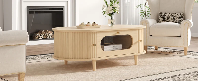 Table basse effet bois chêne 1 tiroir & portes coulissantes RIFTVALTHYNATH