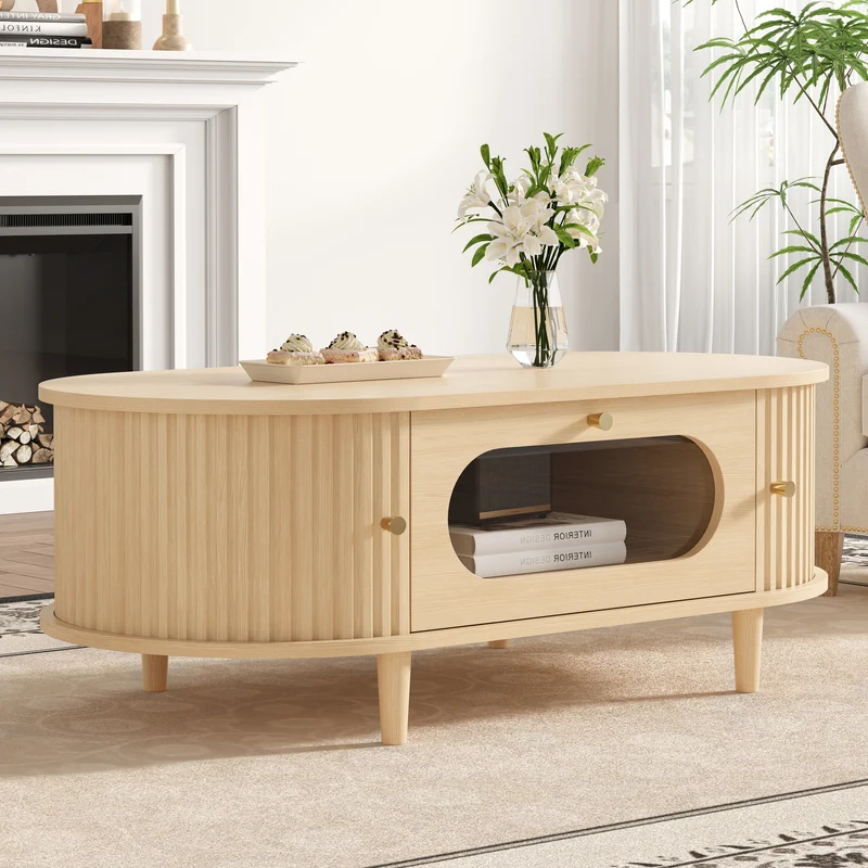 Table basse effet bois chêne 1 tiroir & portes coulissantes RIFTVALTHYNATH