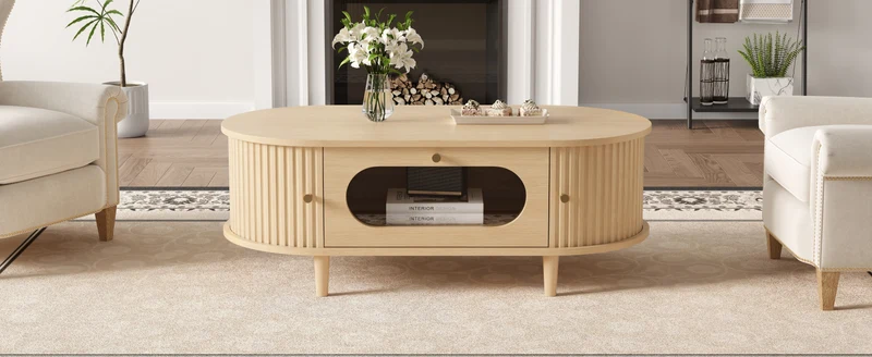 Table basse effet bois chêne 1 tiroir & portes coulissantes RIFTVALTHYNATH