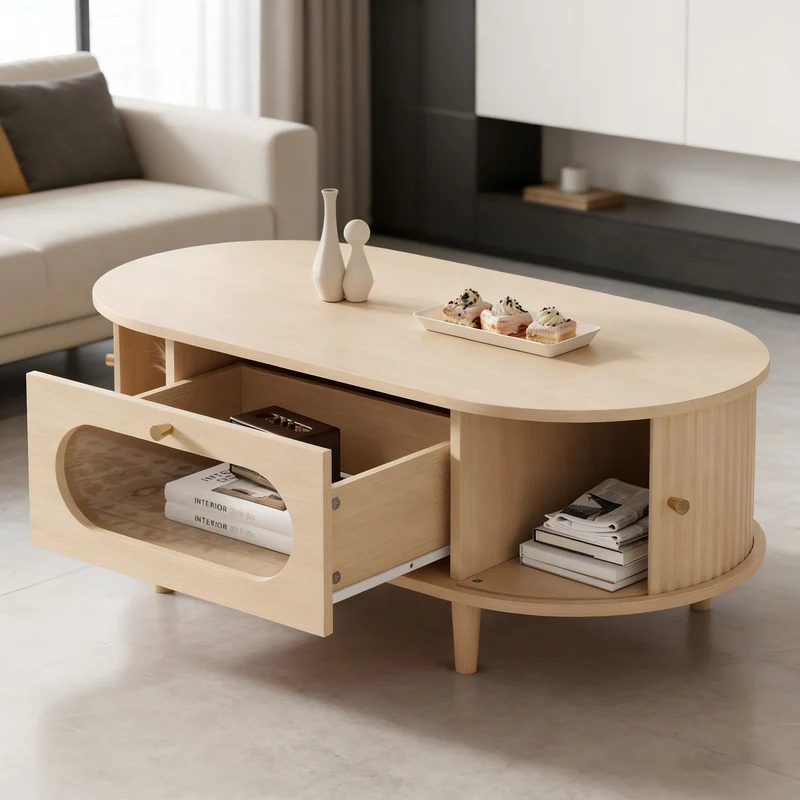 Table basse effet bois chêne 1 tiroir & portes coulissantes RIFTVALTHYNATH