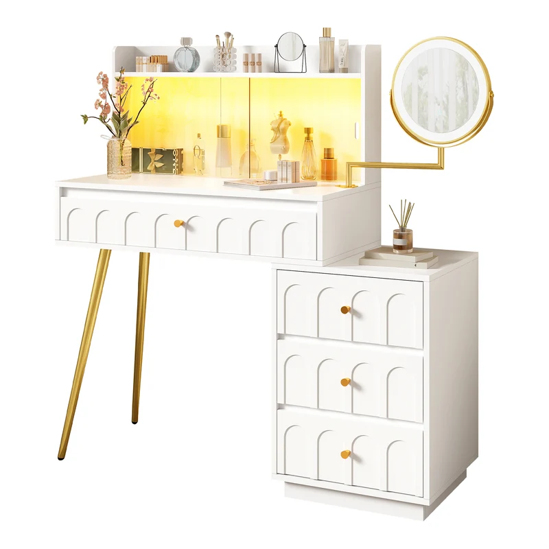 Coiffeuse blanche miroir pivotant, portes en verres coulissantes avec LED et 4 tiroirs détails dorés 112x40x116cm VERTEXVALTHOR