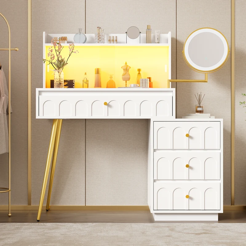 Coiffeuse blanche miroir pivotant, portes en verres coulissantes avec LED et 4 tiroirs détails dorés 112x40x116cm VERTEXVALTHOR