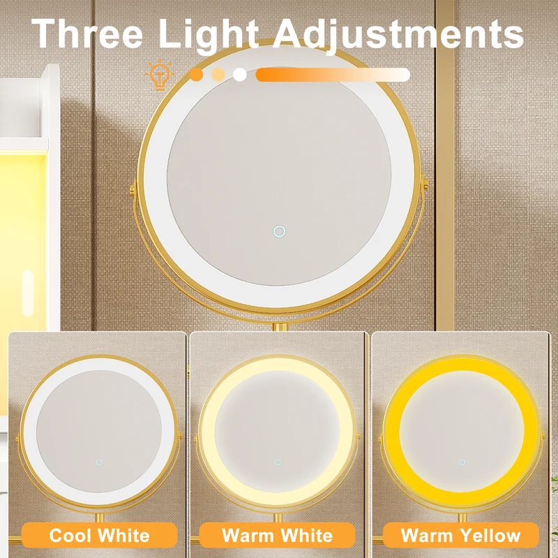 Coiffeuse blanche miroir pivotant, portes en verres coulissantes avec LED et 4 tiroirs détails dorés 112x40x116cm VERTEXVALTHOR
