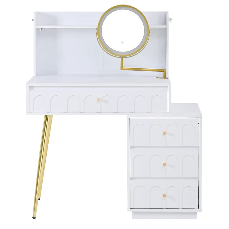 Coiffeuse blanche miroir pivotant, portes en verres coulissantes avec LED et 4 tiroirs détails dorés 112x40x116cm VERTEXVALTHOR