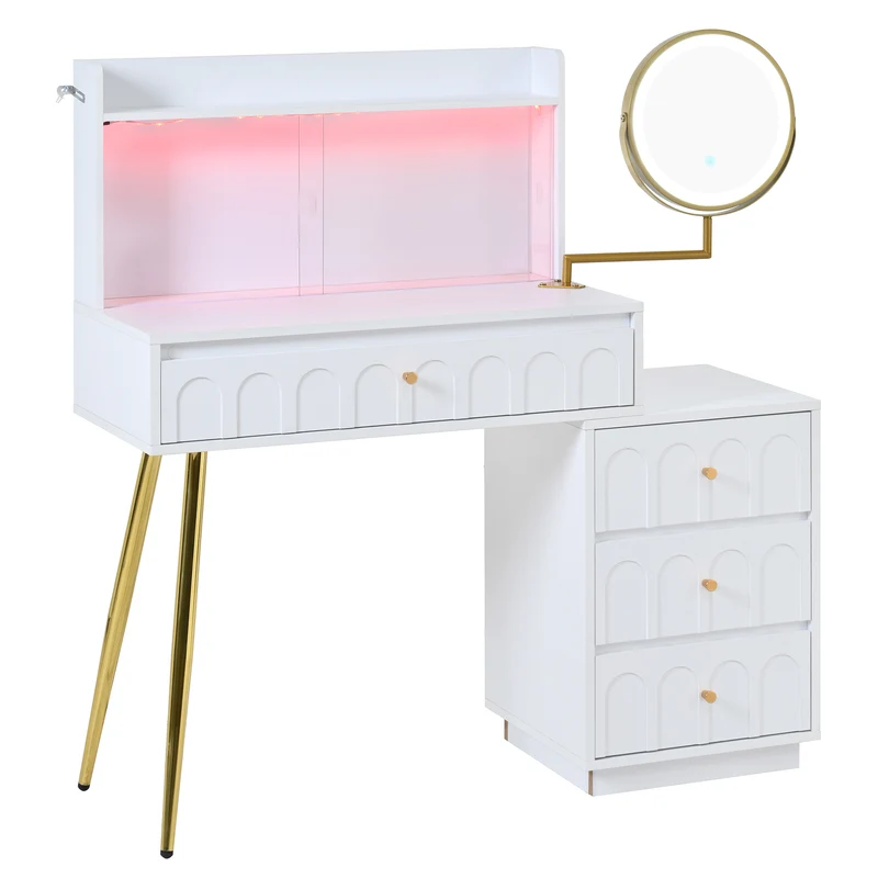 Coiffeuse blanche miroir pivotant, portes en verres coulissantes avec LED et 4 tiroirs détails dorés 112x40x116cm VERTEXVALTHOR