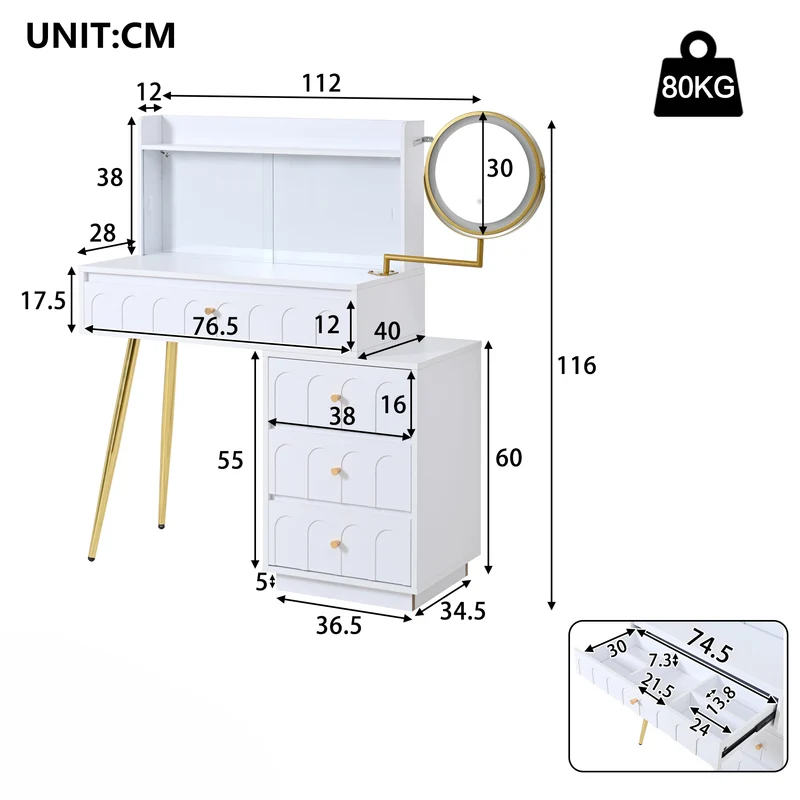 Coiffeuse blanche miroir pivotant, portes en verres coulissantes avec LED et 4 tiroirs détails dorés 112x40x116cm VERTEXVALTHOR