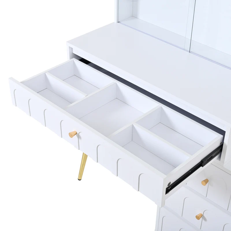 Coiffeuse blanche miroir pivotant, portes en verres coulissantes avec LED et 4 tiroirs détails dorés 112x40x116cm VERTEXVALTHOR