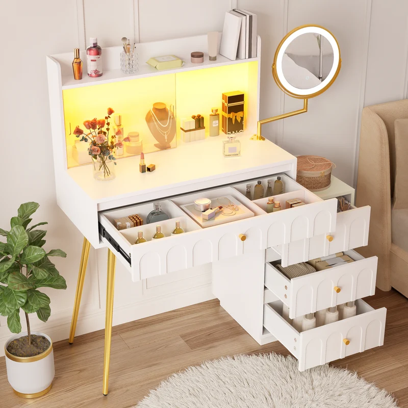 Coiffeuse blanche miroir pivotant, portes en verres coulissantes avec LED et 4 tiroirs détails dorés 112x40x116cm VERTEXVALTHOR