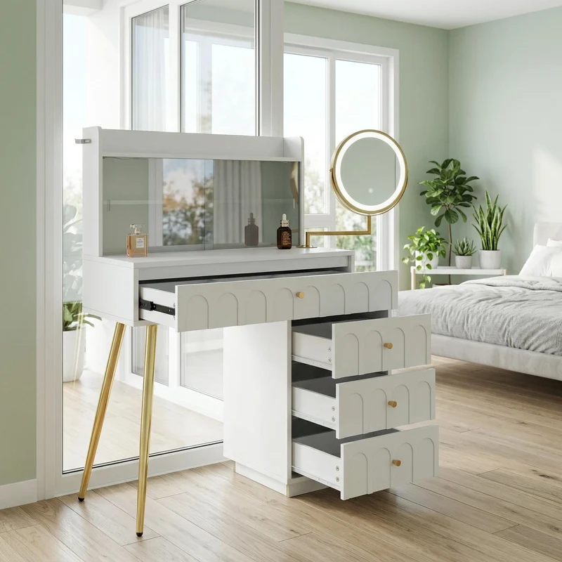 Coiffeuse blanche miroir pivotant, portes en verres coulissantes avec LED et 4 tiroirs détails dorés 112x40x116cm VERTEXVALTHOR