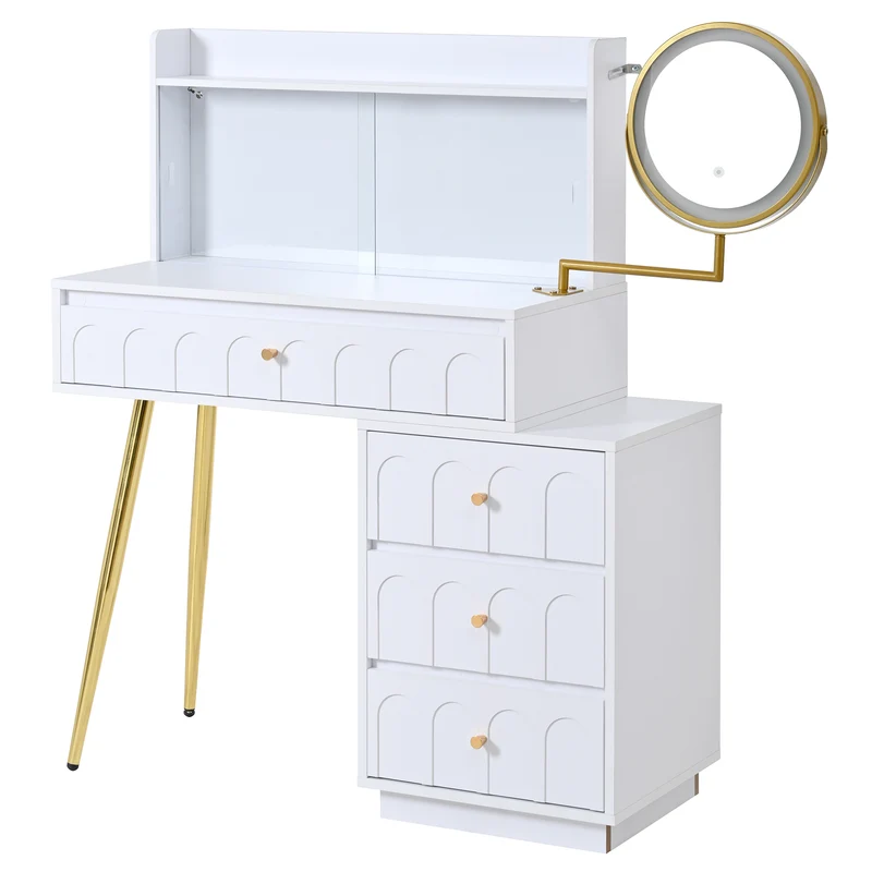 Coiffeuse blanche miroir pivotant, portes en verres coulissantes avec LED et 4 tiroirs détails dorés 112x40x116cm VERTEXVALTHOR