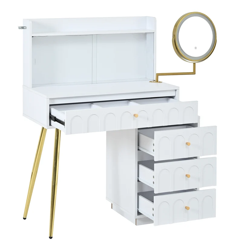Coiffeuse blanche miroir pivotant, portes en verres coulissantes avec LED et 4 tiroirs détails dorés 112x40x116cm VERTEXVALTHOR