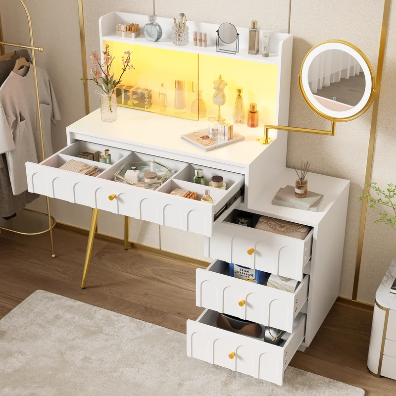 Coiffeuse blanche miroir pivotant, portes en verres coulissantes avec LED et 4 tiroirs détails dorés 112x40x116cm VERTEXVALTHOR