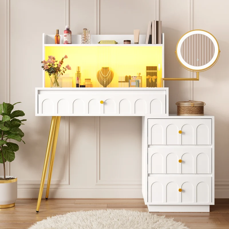 Coiffeuse blanche miroir pivotant, portes en verres coulissantes avec LED et 4 tiroirs détails dorés 112x40x116cm VERTEXVALTHOR