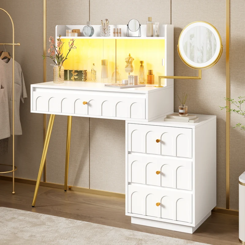 Coiffeuse blanche miroir pivotant, portes en verres coulissantes avec LED et 4 tiroirs détails dorés 112x40x116cm VERTEXVALTHOR