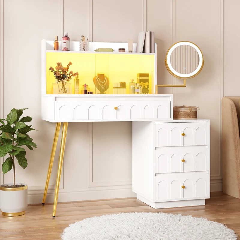 Coiffeuse blanche miroir pivotant, portes en verres coulissantes avec LED et 4 tiroirs détails dorés 112x40x116cm VERTEXVALTHOR