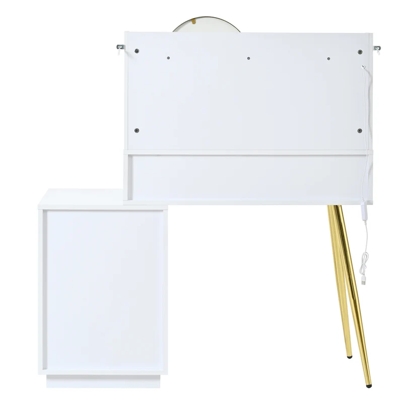 Coiffeuse blanche miroir pivotant, portes en verres coulissantes avec LED et 4 tiroirs détails dorés 112x40x116cm VERTEXVALTHOR