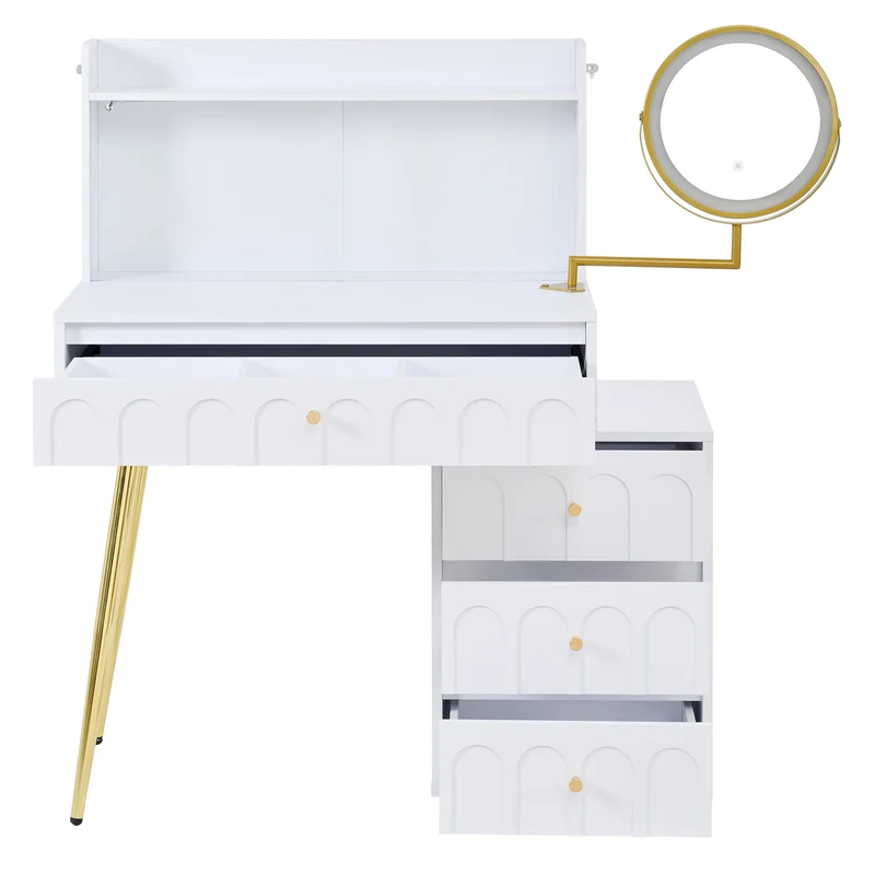 Coiffeuse blanche miroir pivotant, portes en verres coulissantes avec LED et 4 tiroirs détails dorés 112x40x116cm VERTEXVALTHOR