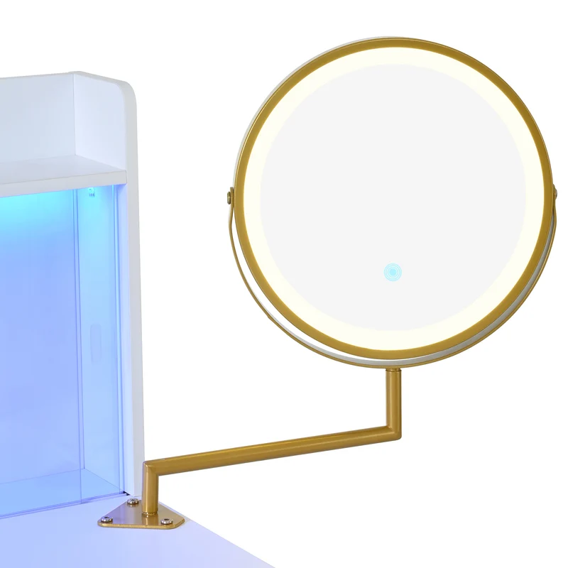 Coiffeuse blanche miroir pivotant, portes en verres coulissantes avec LED et 4 tiroirs détails dorés 112x40x116cm VERTEXVALTHOR