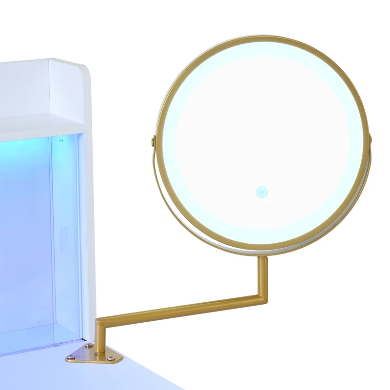 Coiffeuse blanche miroir pivotant, portes en verres coulissantes avec LED et 4 tiroirs détails dorés 112x40x116cm VERTEXVALTHOR