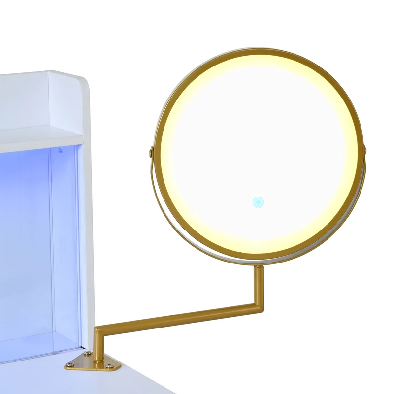 Coiffeuse blanche miroir pivotant, portes en verres coulissantes avec LED et 4 tiroirs détails dorés 112x40x116cm VERTEXVALTHOR
