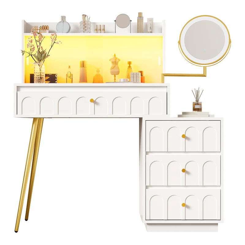 Coiffeuse blanche miroir pivotant, portes en verres coulissantes avec LED et 4 tiroirs détails dorés 112x40x116cm VERTEXVALTHOR