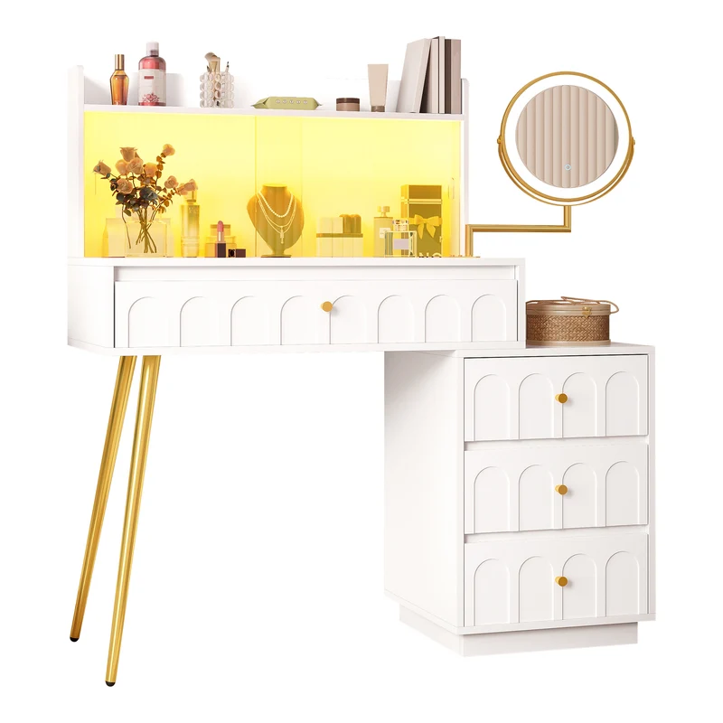 Coiffeuse blanche miroir pivotant, portes en verres coulissantes avec LED et 4 tiroirs détails dorés 112x40x116cm VERTEXVALTHOR
