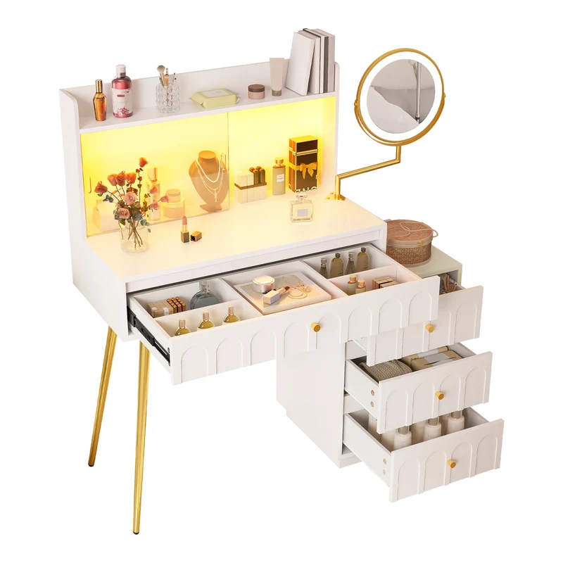 Coiffeuse blanche miroir pivotant, portes en verres coulissantes avec LED et 4 tiroirs détails dorés 112x40x116cm VERTEXVALTHOR