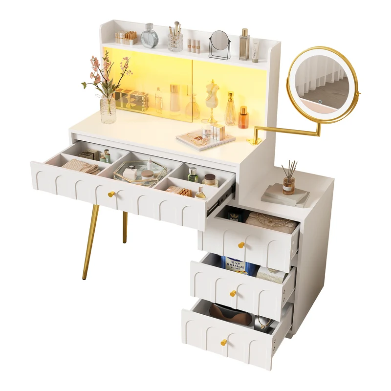 Coiffeuse blanche miroir pivotant, portes en verres coulissantes avec LED et 4 tiroirs détails dorés 112x40x116cm VERTEXVALTHOR