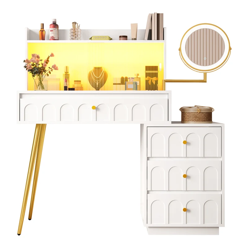 Coiffeuse blanche miroir pivotant, portes en verres coulissantes avec LED et 4 tiroirs détails dorés 112x40x116cm VERTEXVALTHOR