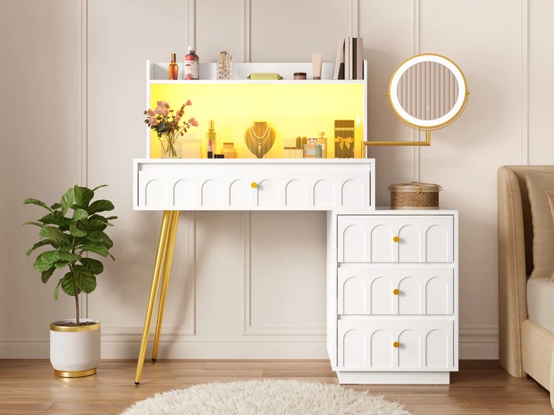 Coiffeuse blanche miroir pivotant, portes en verres coulissantes avec LED et 4 tiroirs détails dorés 112x40x116cm VERTEXVALTHOR