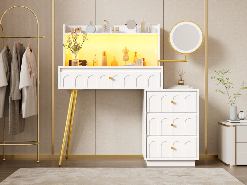 Coiffeuse blanche miroir pivotant, portes en verres coulissantes avec LED et 4 tiroirs détails dorés 112x40x116cm VERTEXVALTHOR