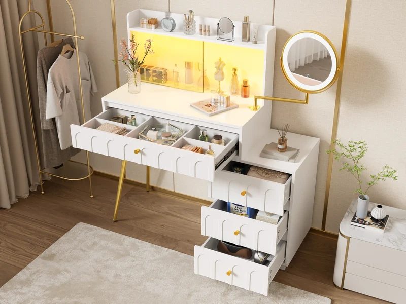 Coiffeuse blanche miroir pivotant, portes en verres coulissantes avec LED et 4 tiroirs détails dorés 112x40x116cm VERTEXVALTHOR