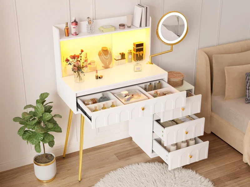 Coiffeuse blanche miroir pivotant, portes en verres coulissantes avec LED et 4 tiroirs détails dorés 112x40x116cm VERTEXVALTHOR