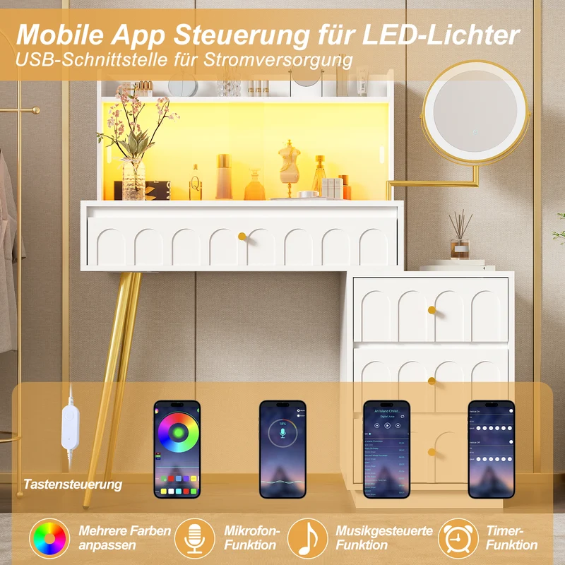Coiffeuse blanche miroir pivotant, portes en verres coulissantes avec LED et 4 tiroirs détails dorés 112x40x116cm VERTEXVALTHOR