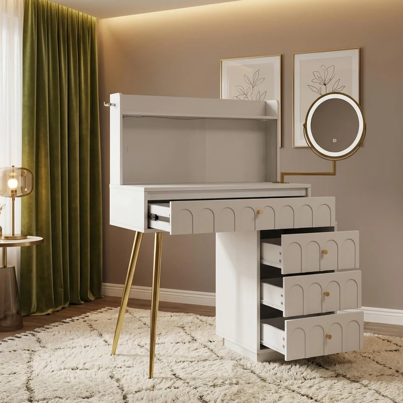 Coiffeuse blanche miroir pivotant, portes en verres coulissantes avec LED et 4 tiroirs détails dorés 112x40x116cm VERTEXVALTHOR