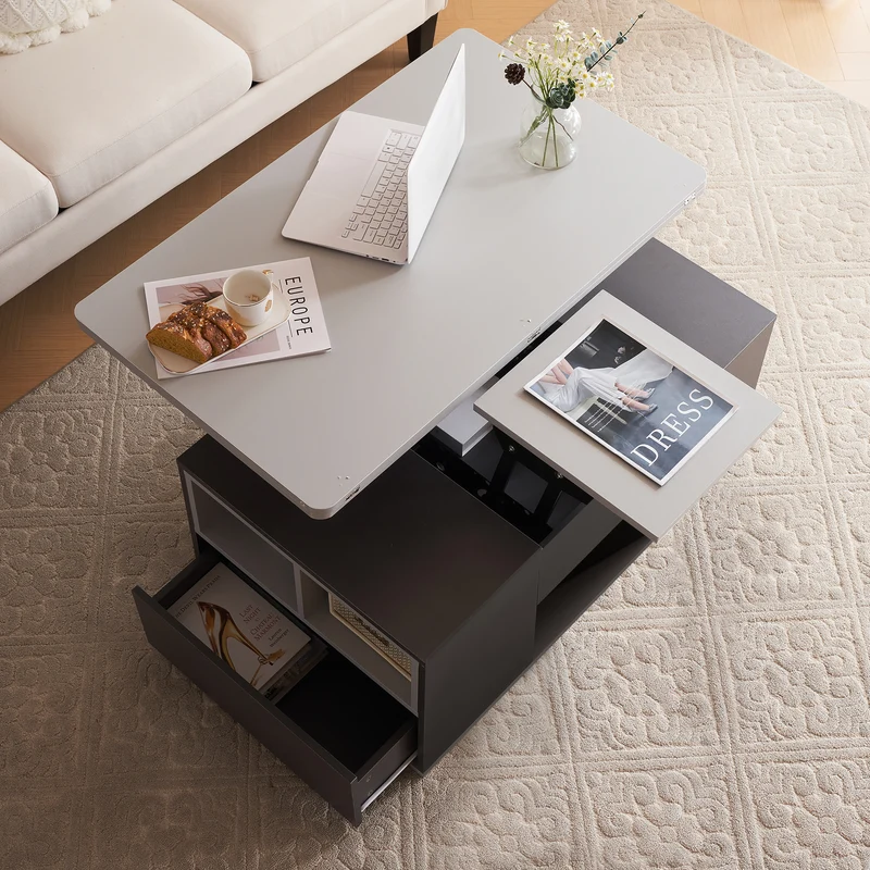 Table basse blanc et gris tablette relevable pliable, 2 portes 3 niches et 2 tiroirs 100x51cm RIFTKRYOSYNATH