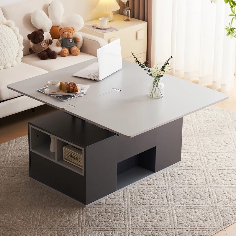 Table basse blanc et gris tablette relevable pliable, 2 portes 3 niches et 2 tiroirs 100x51cm RIFTKRYOSYNATH