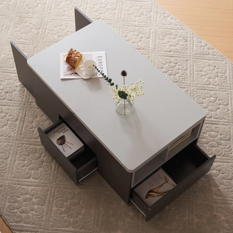 Table basse blanc et gris tablette relevable pliable, 2 portes 3 niches et 2 tiroirs 100x51cm RIFTKRYOSYNATH