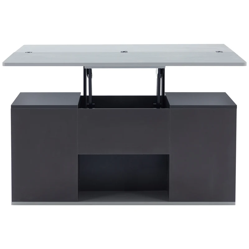 Table basse blanc et gris tablette relevable pliable, 2 portes 3 niches et 2 tiroirs 100x51cm RIFTKRYOSYNATH