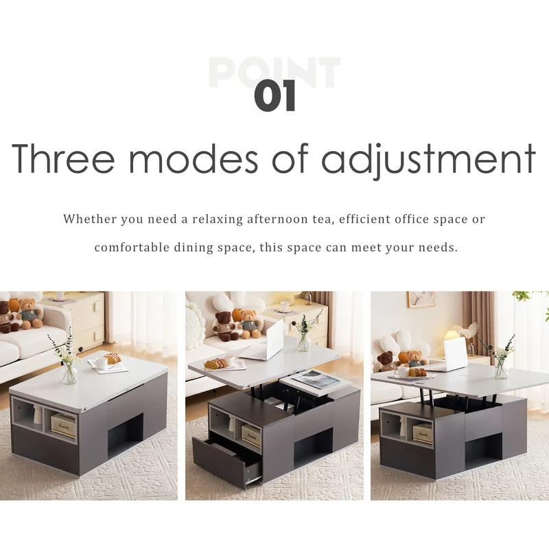 Table basse blanc et gris tablette relevable pliable, 2 portes 3 niches et 2 tiroirs 100x51cm RIFTKRYOSYNATH