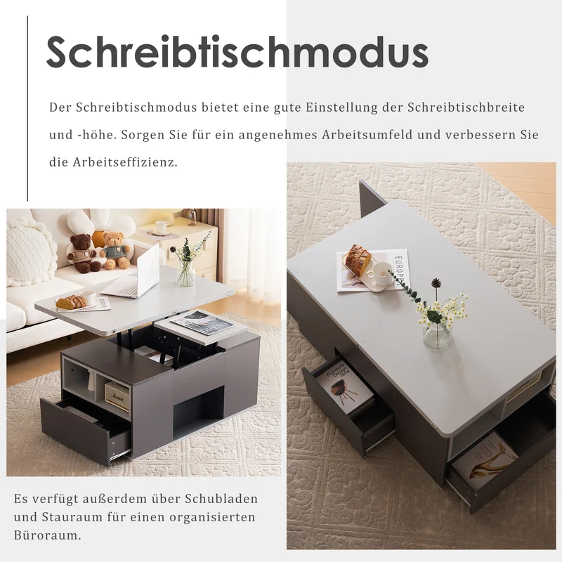 Table basse blanc et gris tablette relevable pliable, 2 portes 3 niches et 2 tiroirs 100x51cm RIFTKRYOSYNATH