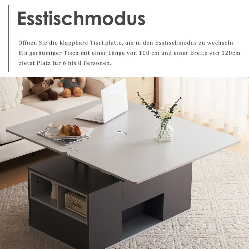 Table basse blanc et gris tablette relevable pliable, 2 portes 3 niches et 2 tiroirs 100x51cm RIFTKRYOSYNATH