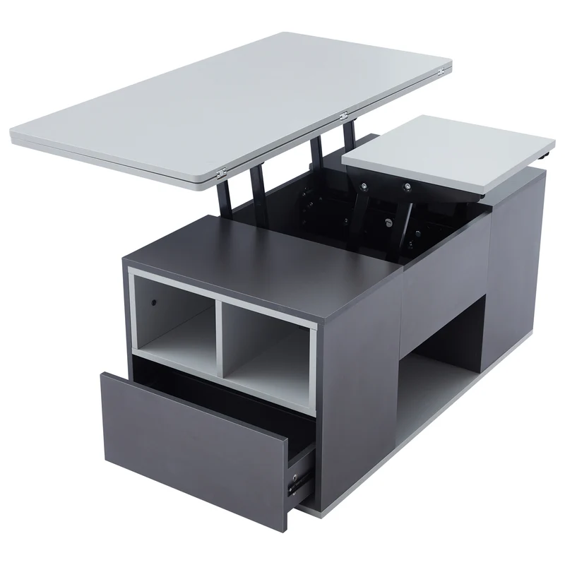 Table basse blanc et gris tablette relevable pliable, 2 portes 3 niches et 2 tiroirs 100x51cm RIFTKRYOSYNATH