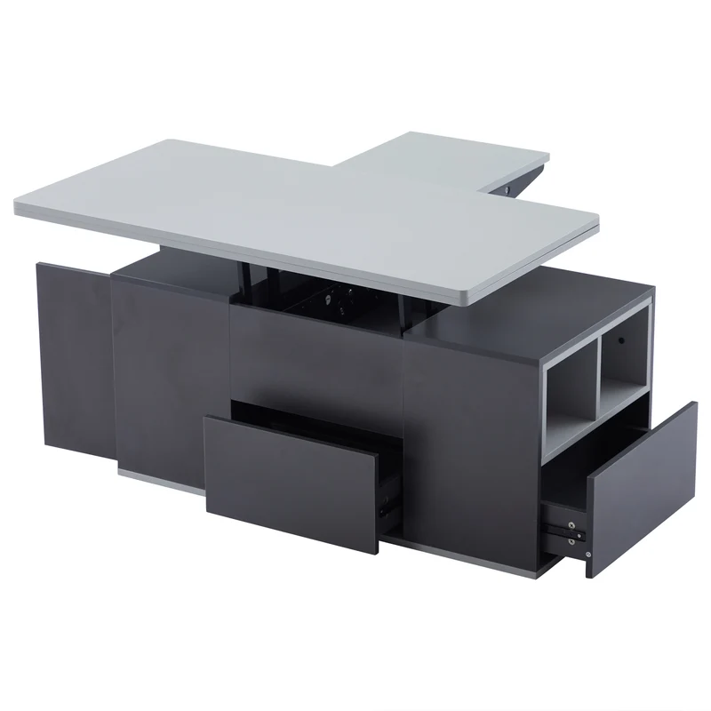 Table basse blanc et gris tablette relevable pliable, 2 portes 3 niches et 2 tiroirs 100x51cm RIFTKRYOSYNATH
